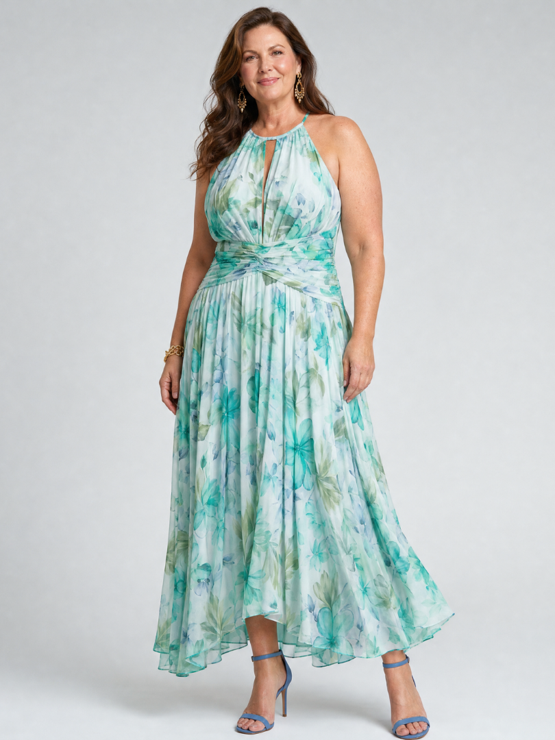 Portia | Abito Midi con Scollo Halter e Motivo Floreale Pieghettato