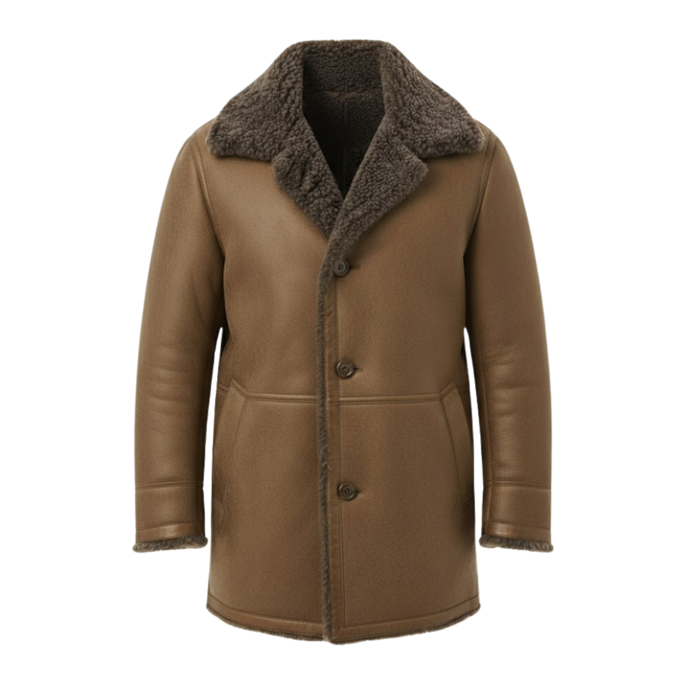 Men's long coat with faux fur lining, sherpa fleece lapel collar and button front