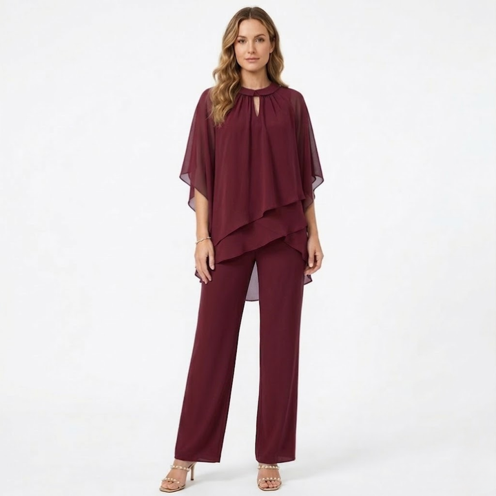 Elegant chiffon two-piece trouser suit with keyhole-detail top and straight-leg trousers