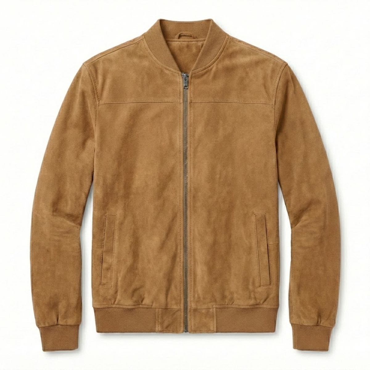 Men's suede bomber jacket with stand collar and full-length zipper closure