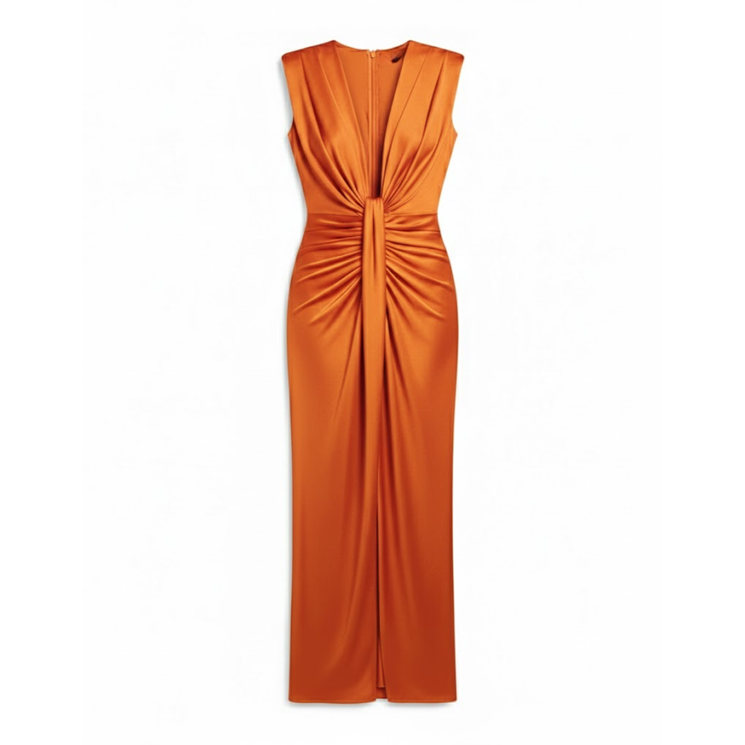 Sleeveless V-neck pleated maxi dress with ruched bodice and high front slit