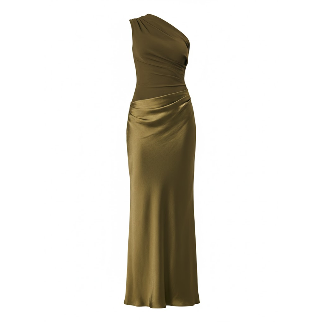 One-shoulder sleeveless satin patchwork maxi gown in a slim floor-length fit