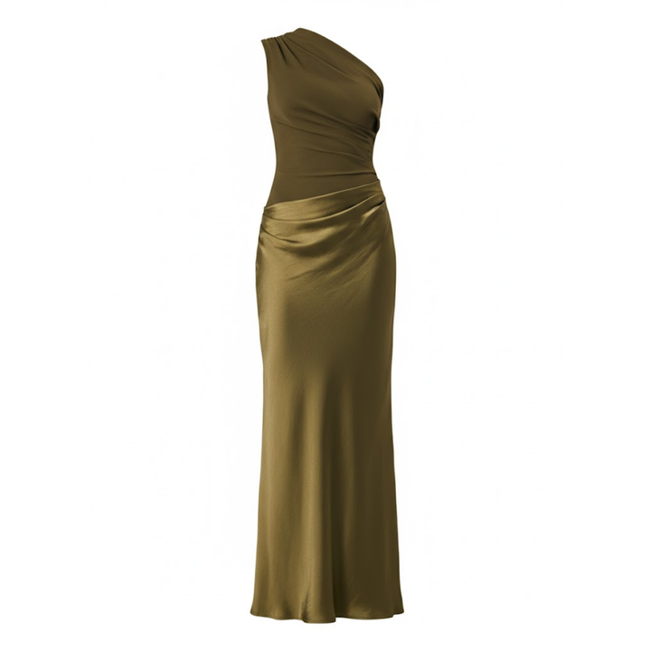 One-shoulder sleeveless satin patchwork maxi gown in a slim floor-length fit