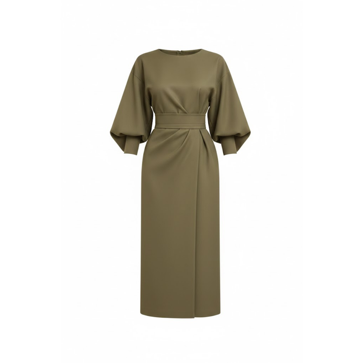 High-waisted A-line wrap midi dress with batwing kimono sleeves and waist tie