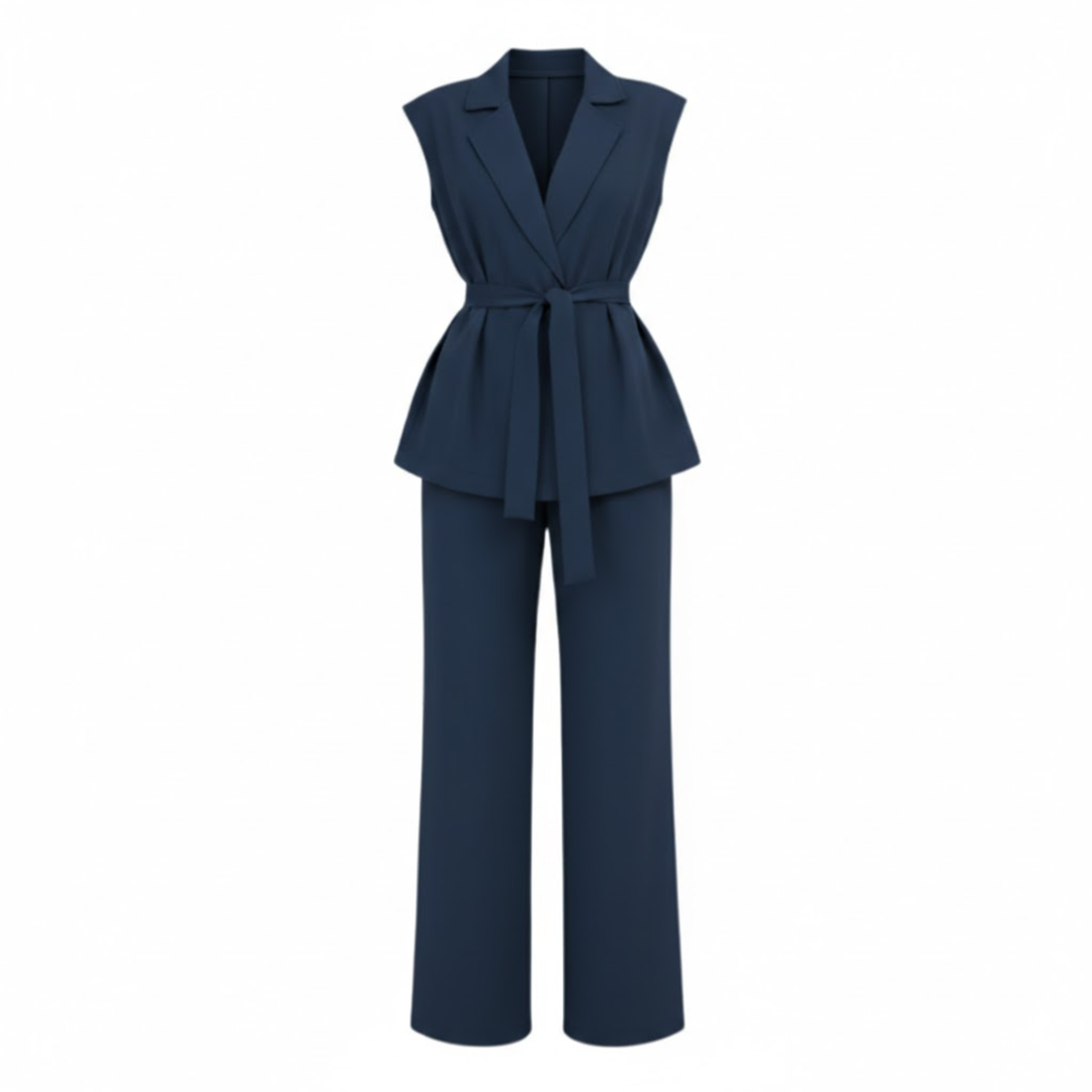 Sleeveless vest and wide-leg pants set with turn-down collar and tie waist belt