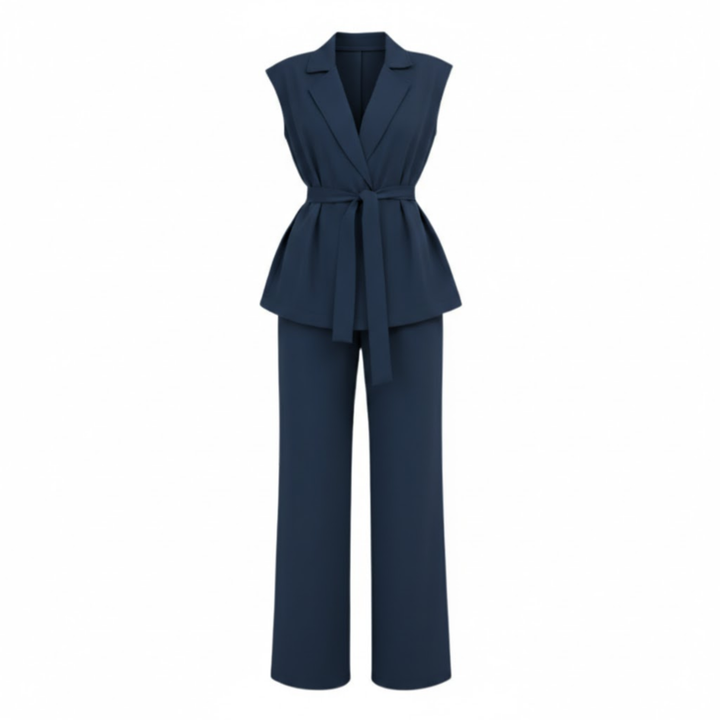 Sleeveless vest and wide-leg pants set with turn-down collar and tie waist belt