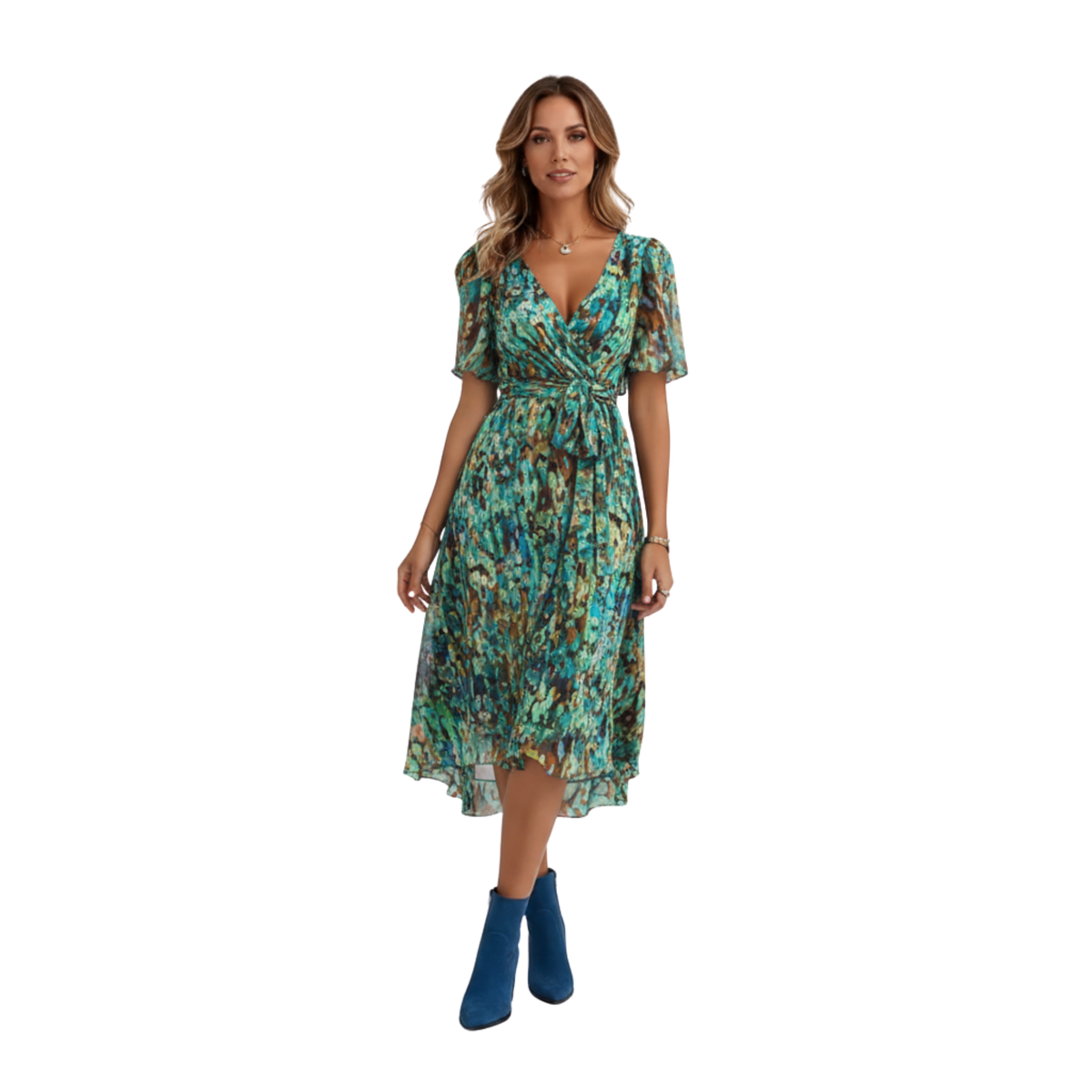 Women's V-neck short-sleeve printed A-line midi dress with a flowy drape