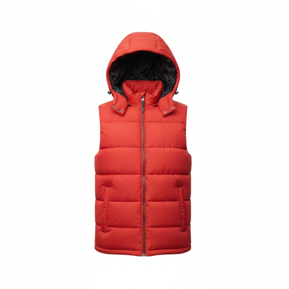 Men's padded sleeveless hooded puffer vest with full zipper and side zip pockets