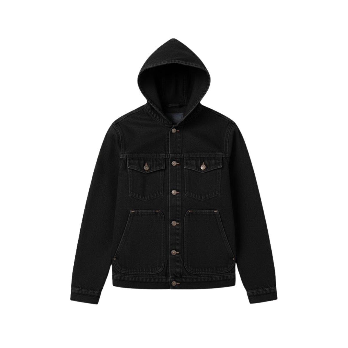 Men's hooded denim jacket in blue with large front pockets and casual streetwear styling