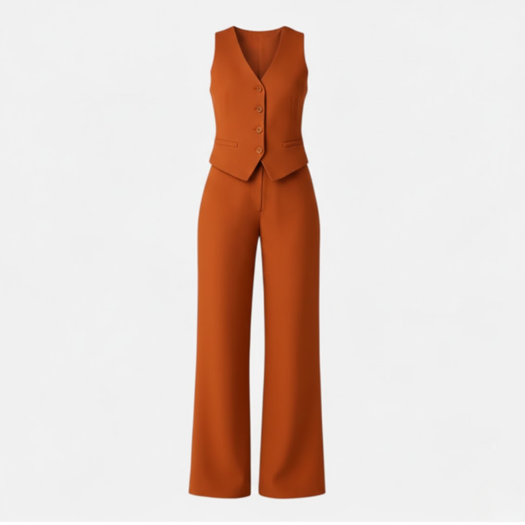 Womens sleeveless V-neck waistcoat and high waist wide leg trouser two piece set