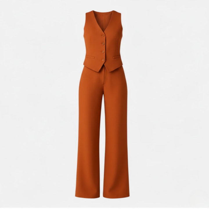 Womens sleeveless V-neck waistcoat and high waist wide leg trouser two piece set