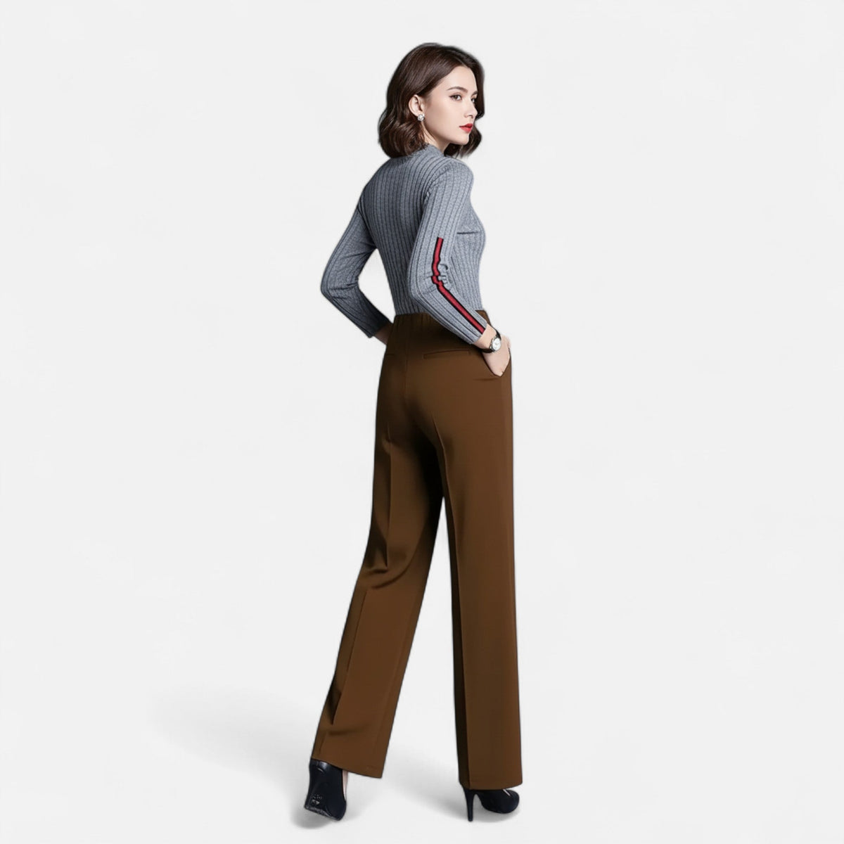 Valmonti women's high-waist straight-leg trousers with cuffed hem and side pockets