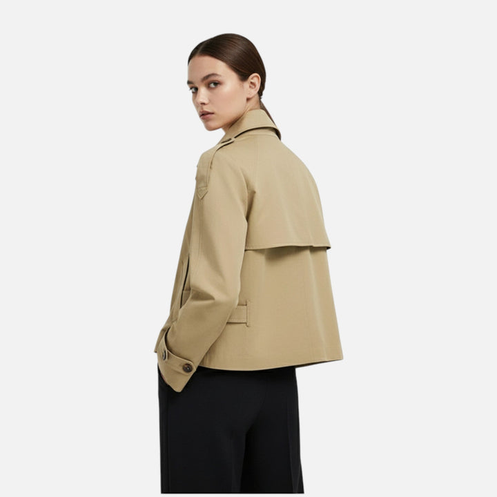 Short belted double-breasted trench coat with stand-up collar for women