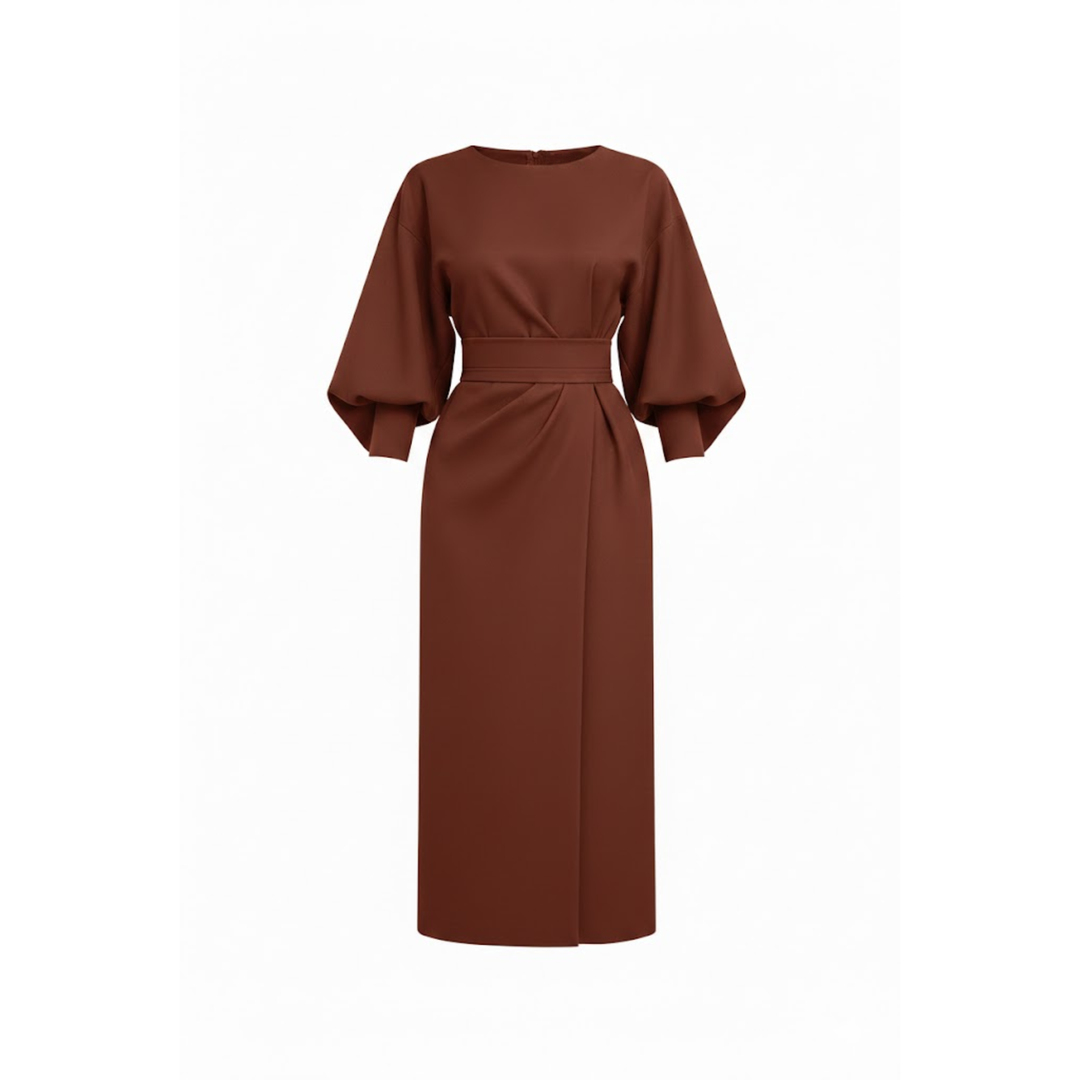 High-waisted A-line wrap midi dress with batwing kimono sleeves and waist tie
