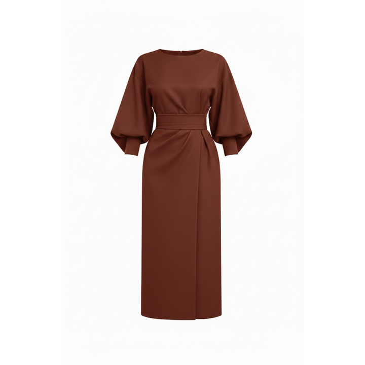 High-waisted A-line wrap midi dress with batwing kimono sleeves and waist tie