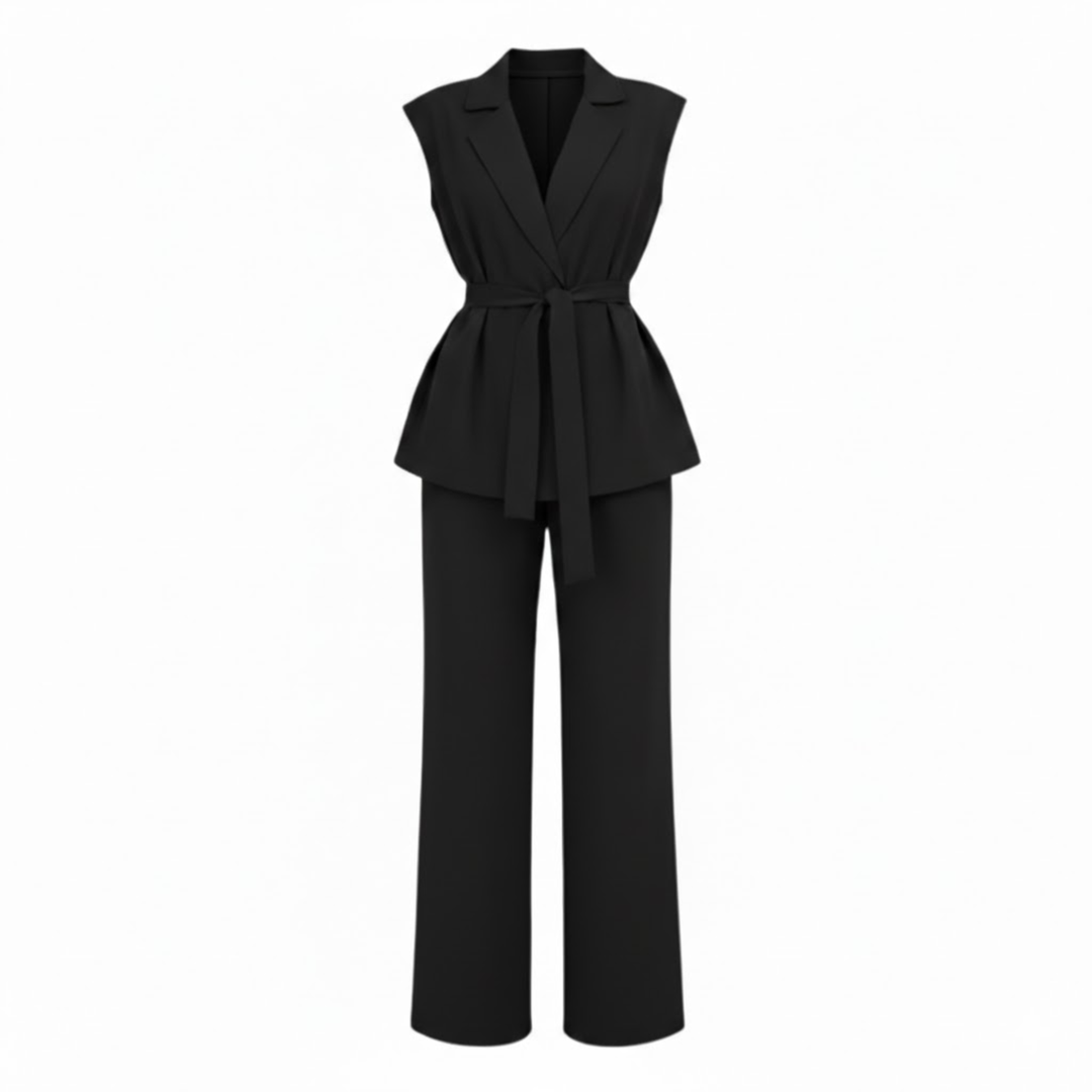 Sleeveless vest and wide-leg pants set with turn-down collar and tie waist belt