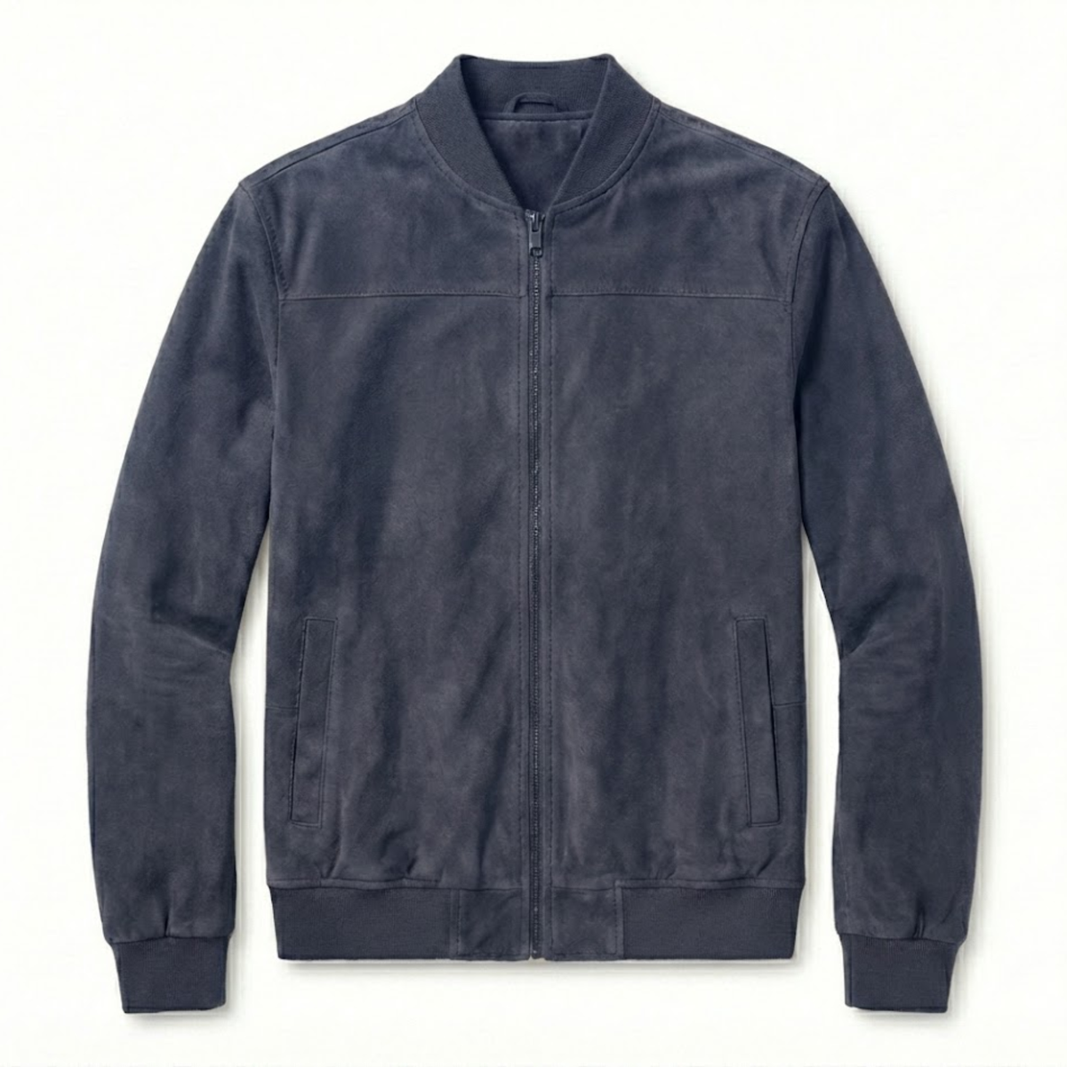 Men's suede bomber jacket with stand collar and full-length zipper closure