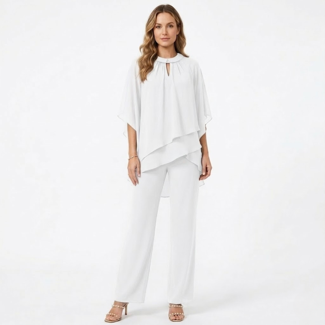 Elegant chiffon two-piece trouser suit with keyhole-detail top and straight-leg trousers