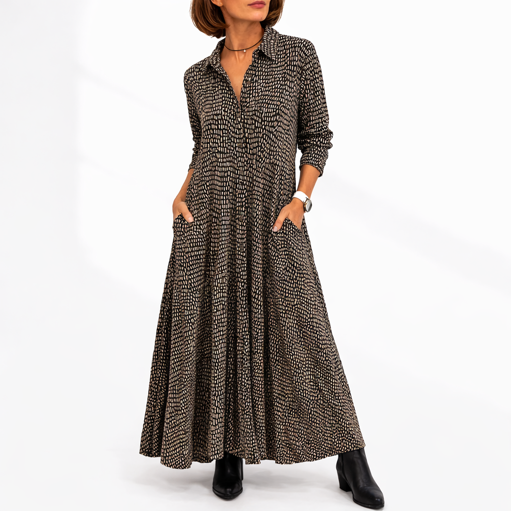 Relaxed fit collared long-sleeve midi shirt dress with side pockets