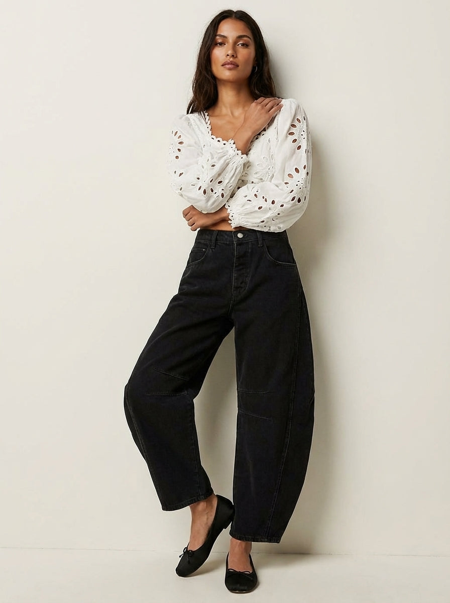 Women's relaxed barrel-leg high-waist denim jeans shown in multiple colors