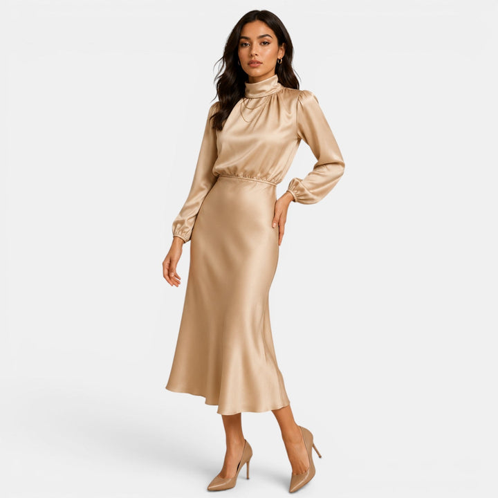 Belcien elegant long sleeve midi dress with high neck and high-waist silhouette