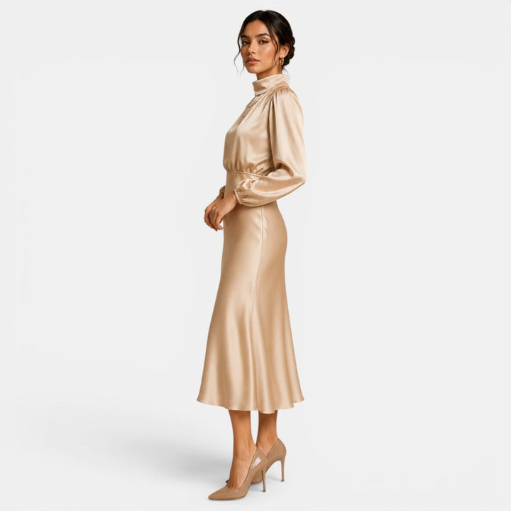 Belcien elegant long sleeve midi dress with high neck and high-waist silhouette