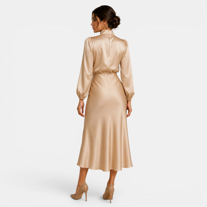 Belcien elegant long sleeve midi dress with high neck and high-waist silhouette