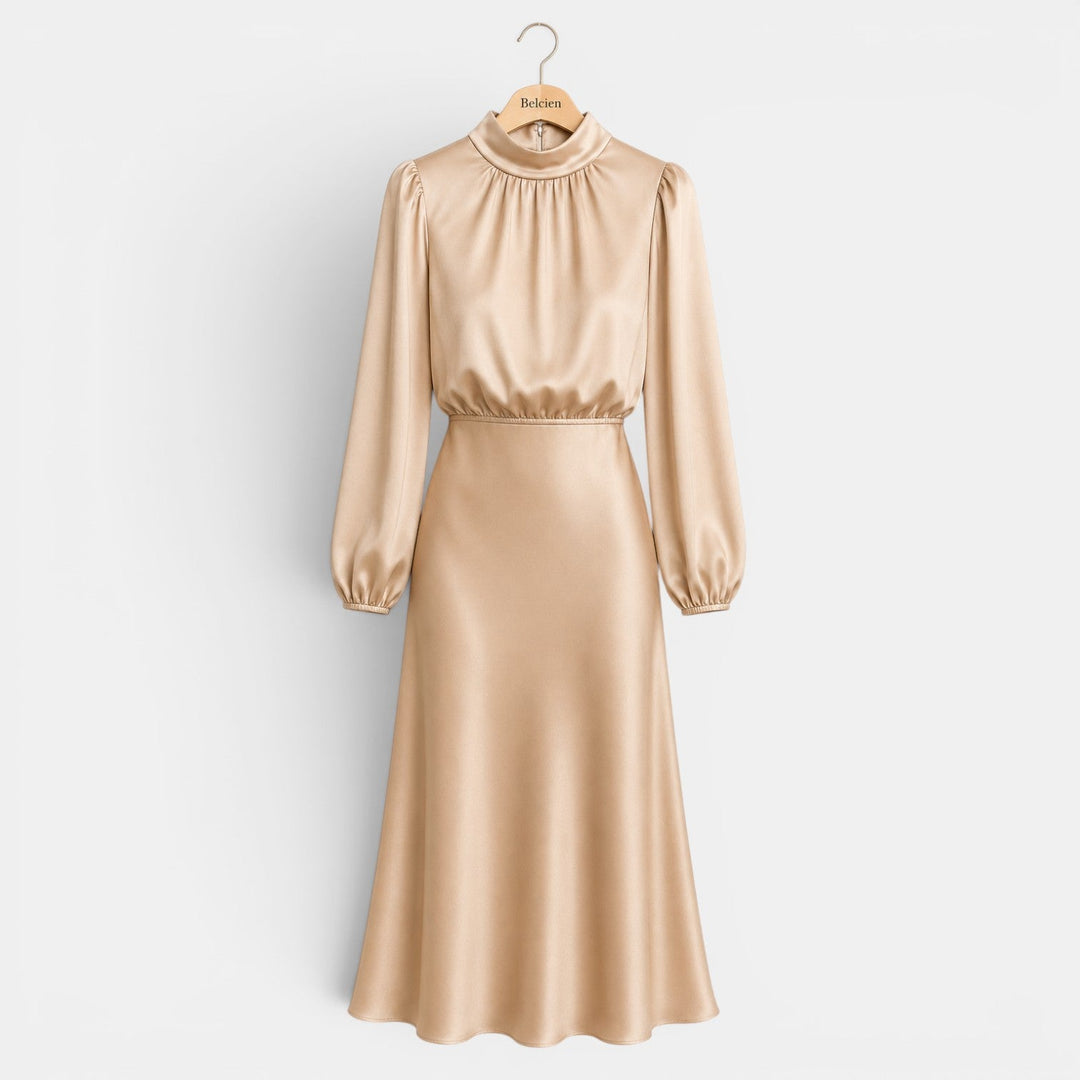 Belcien elegant long sleeve midi dress with high neck and high-waist silhouette