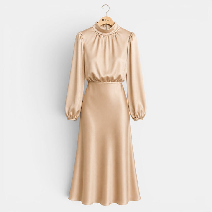 Belcien elegant long sleeve midi dress with high neck and high-waist silhouette