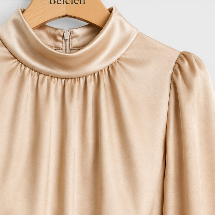 Belcien elegant long sleeve midi dress with high neck and high-waist silhouette