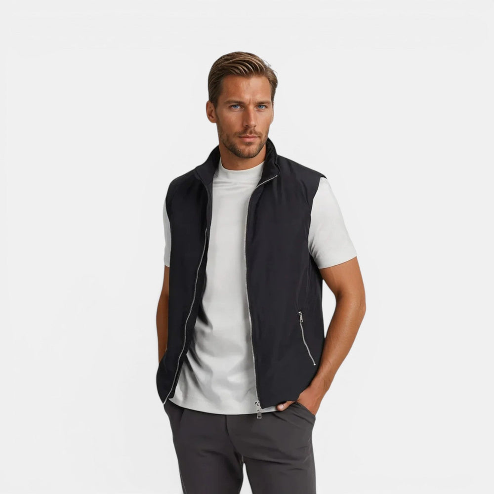 Men's lightweight quilted sleeveless bodywarmer gilet shown in mocha, black and navy