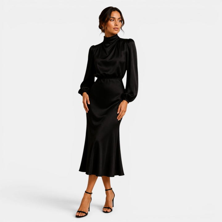 Belcien elegant long sleeve midi dress with high neck and high-waist silhouette
