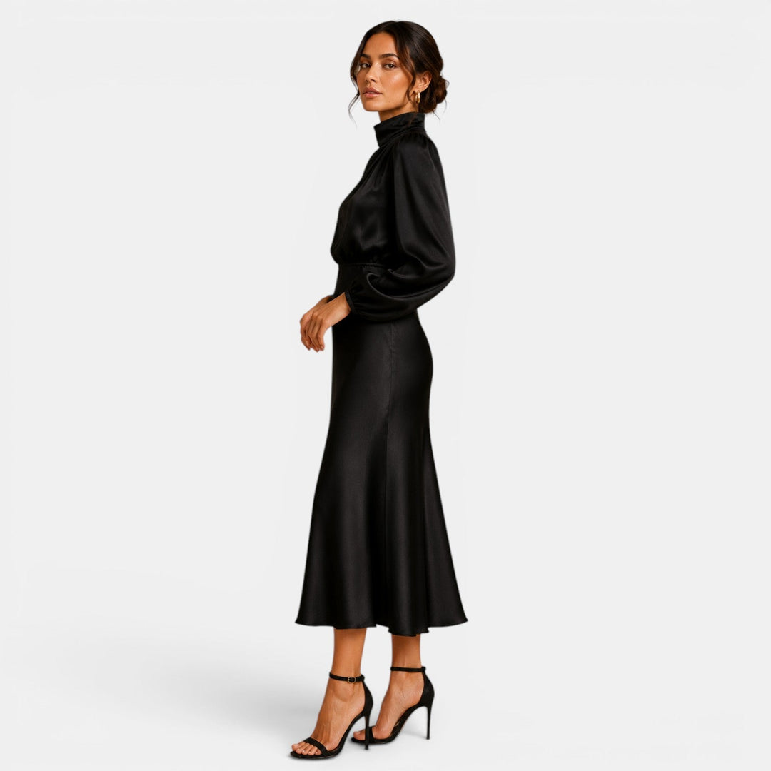 Belcien elegant long sleeve midi dress with high neck and high-waist silhouette