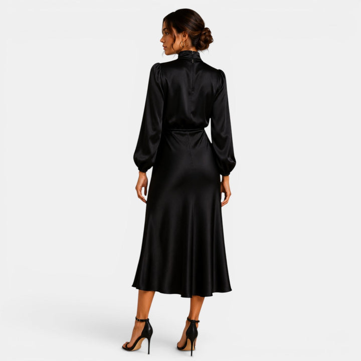 Belcien elegant long sleeve midi dress with high neck and high-waist silhouette