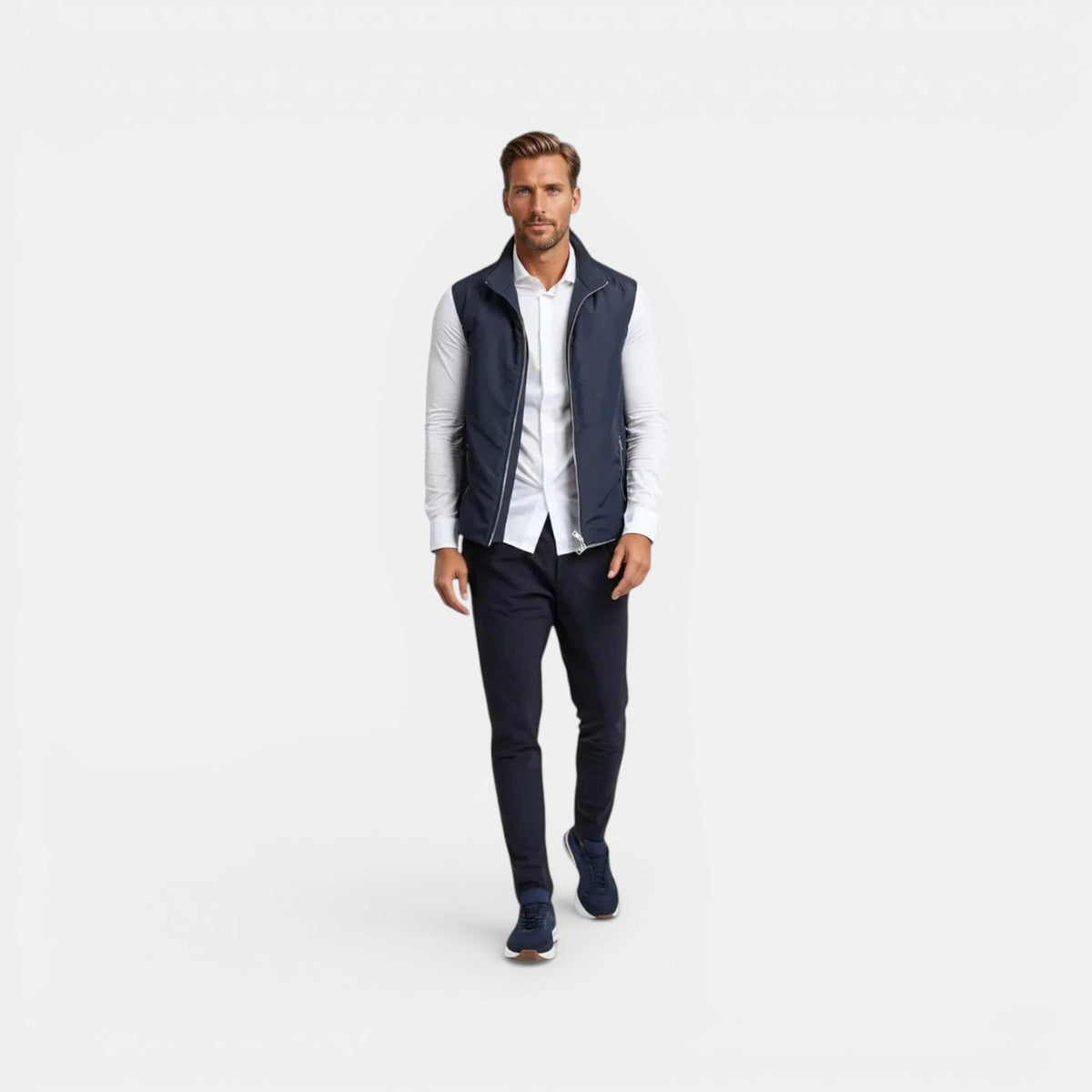 Men's lightweight quilted sleeveless bodywarmer gilet shown in mocha, black and navy