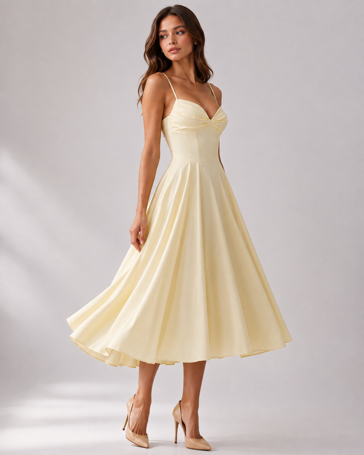 Yellow cotton midi dress with adjustable spaghetti straps and side pockets