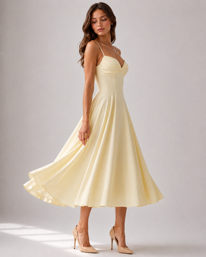 Yellow cotton midi dress with adjustable spaghetti straps and side pockets