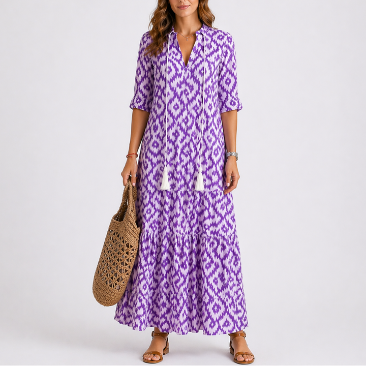 Floral print midi dress with V-neckline, tassel ties and short sleeves