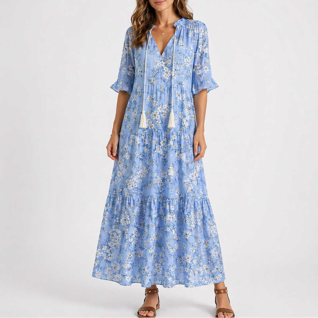 Floral print midi dress with V-neckline, tassel ties and short sleeves