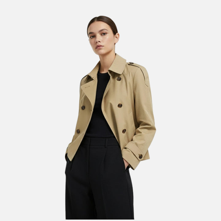 Short belted double-breasted trench coat with stand-up collar for women