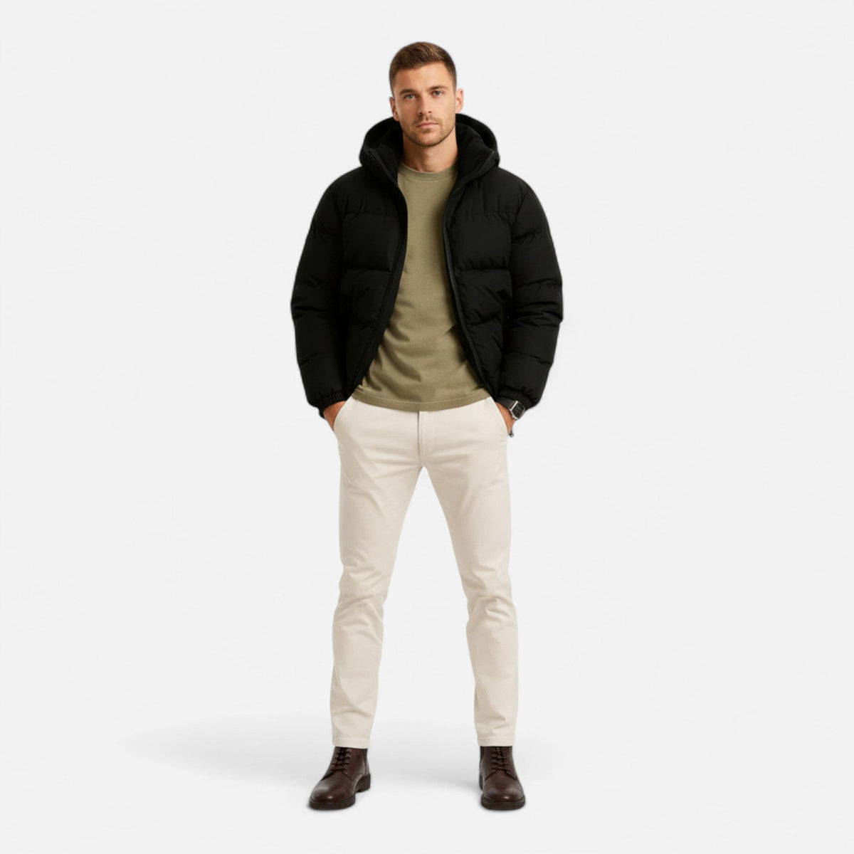 Men's lightweight hooded puffer jacket with pockets in a sleek tailored fit