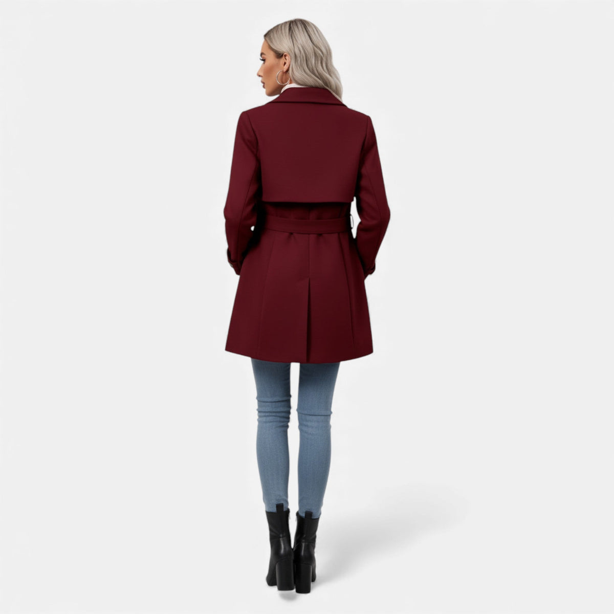 Women's classic tweed waist-cinched coat with belted silhouette and button-front closure