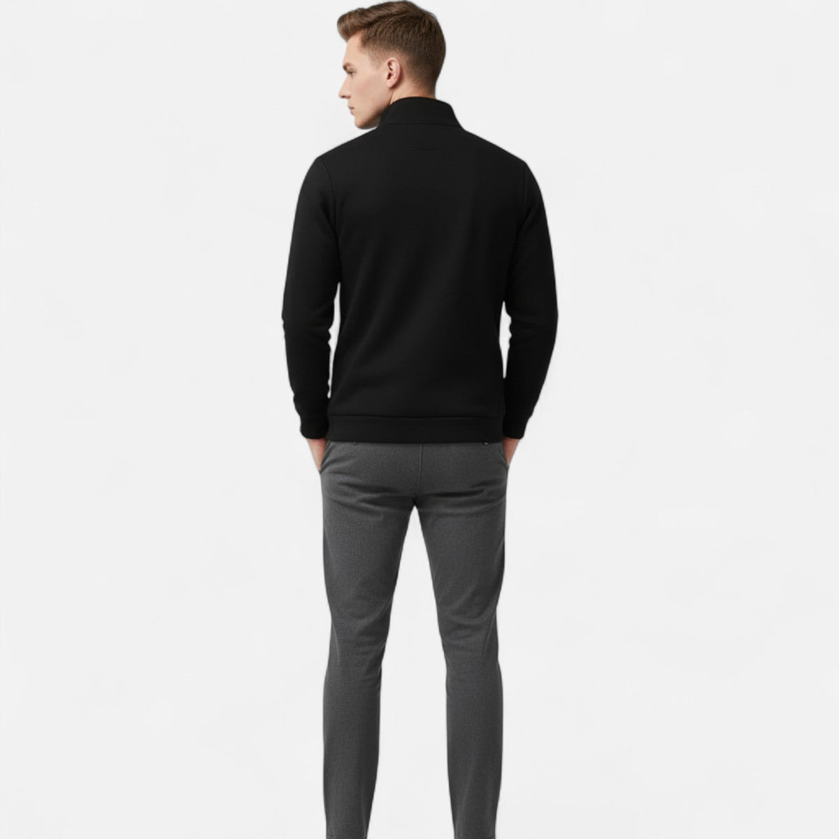 Men's high-neck zip-up jacket with ribbed collar and slant pockets in black