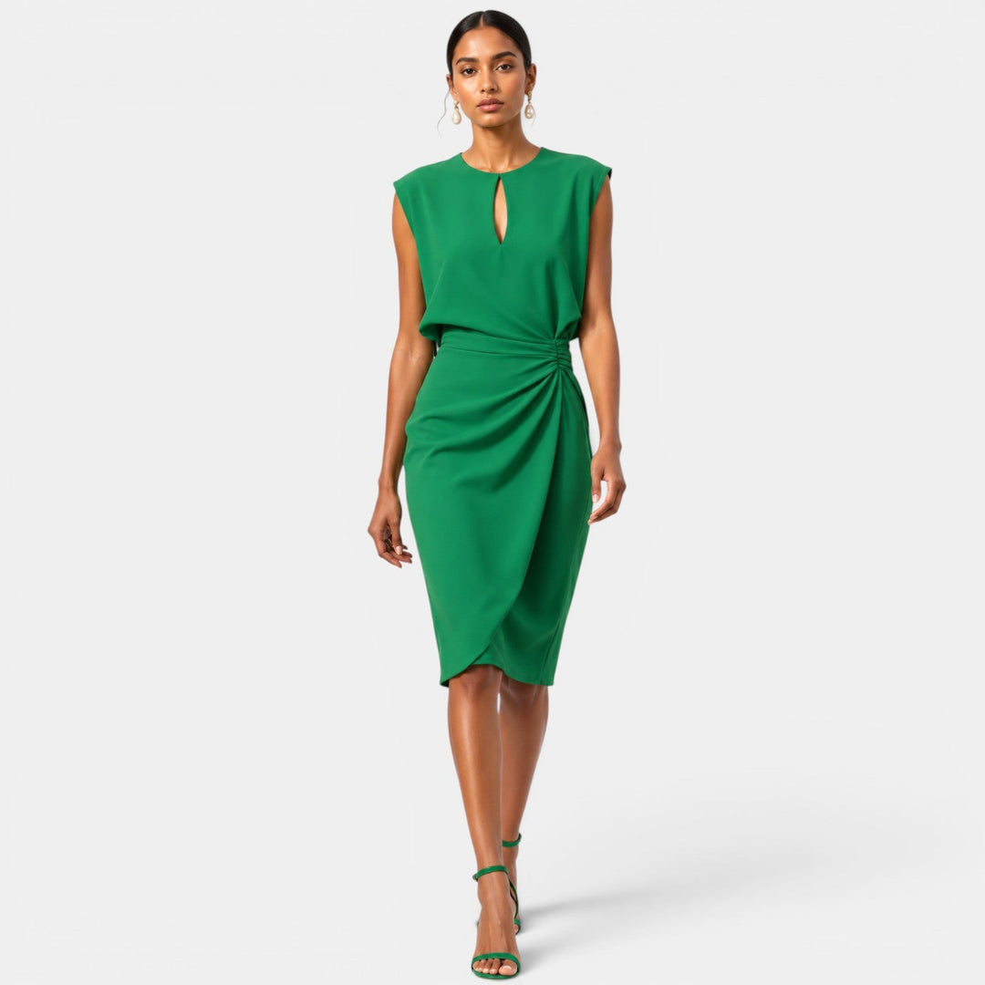 Belcien | Elegant Ruched Midi Dress with Keyhole Neckline