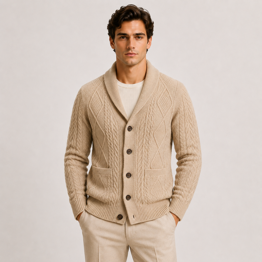 Men's shawl collar cardigan in soft cable knit with button front and pockets