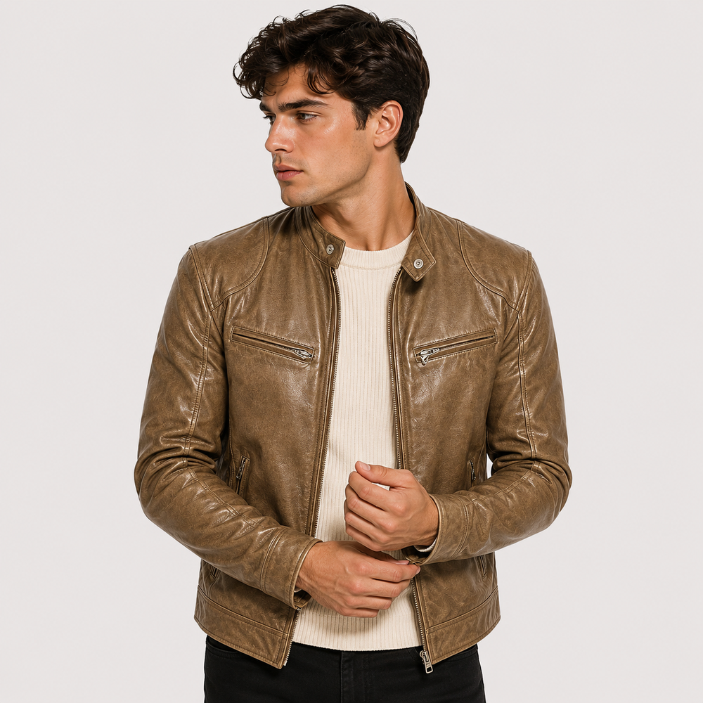 Men's lightweight leather-look zip-front jacket in a classic everyday cut