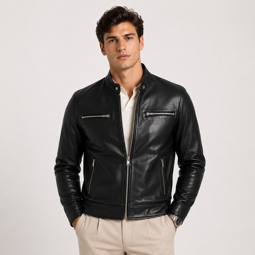 Men's black leather-look jacket with classic zip front and stand collar