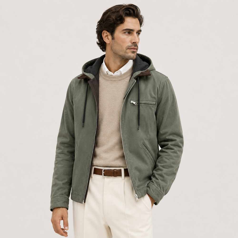 Men's fleece-lined hooded winter jacket with full-zip front and adjustable hood