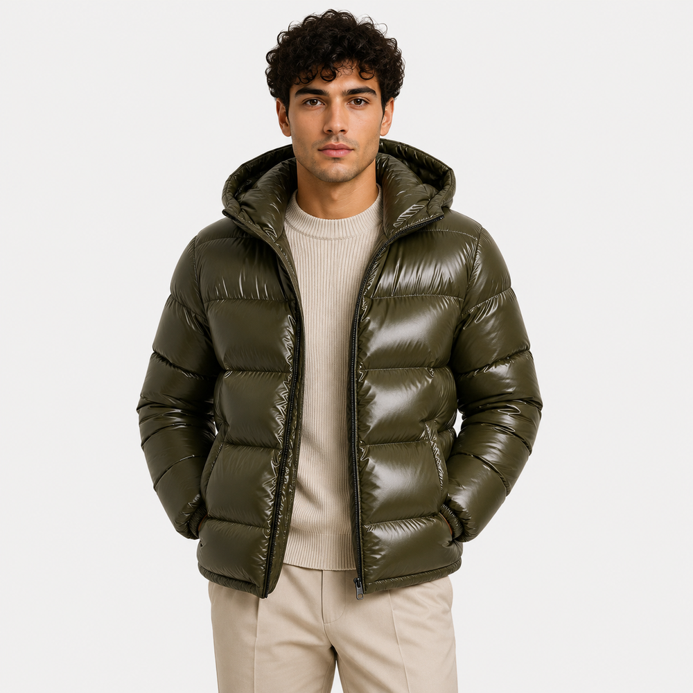 Men's insulated hooded winter jacket shown in green and black