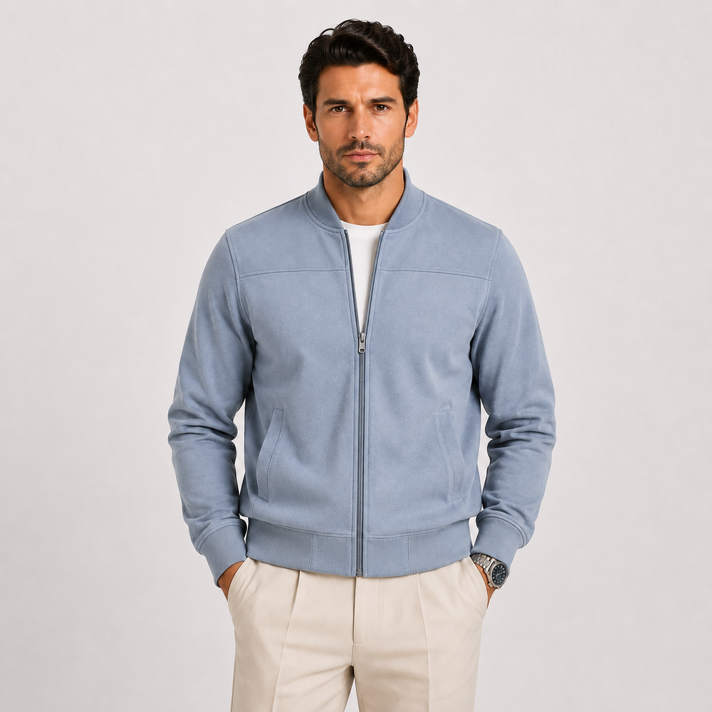 Men's lightweight suede-look bomber jacket with ribbed trims, shown in blue, brown, and green